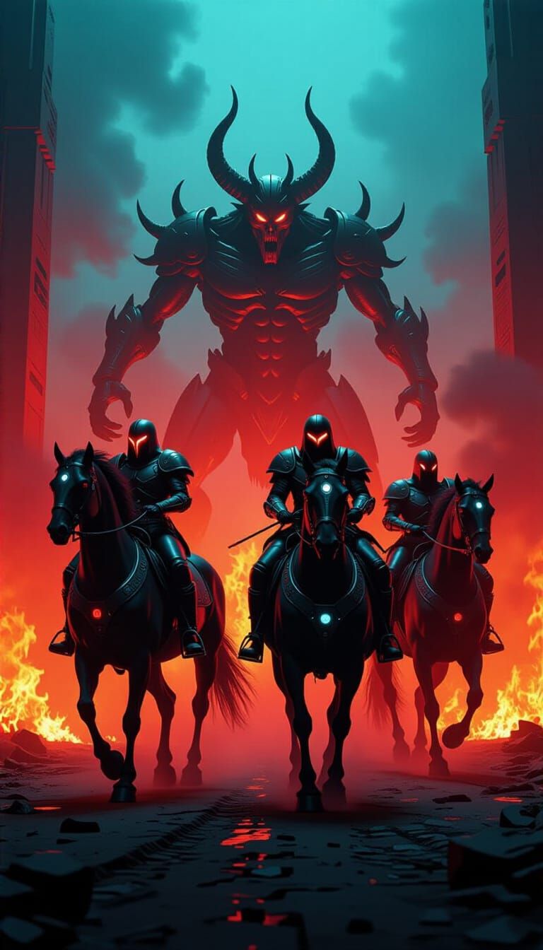 The 4 horsemen game all 4 character are gathering in the underworld realm riding their horses fighting  the demon boss futuristic battle see...