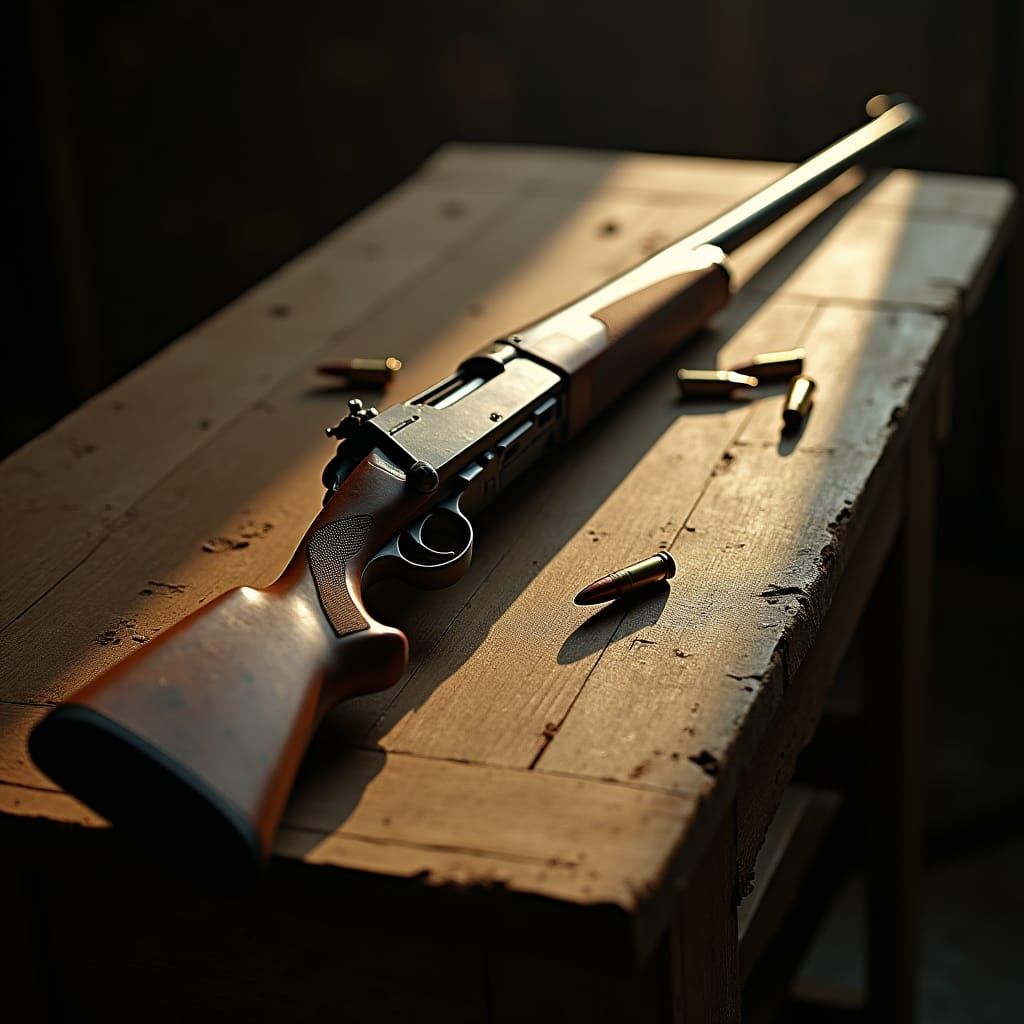 A breathtaking image of a precision rifle resting on an old wooden table, surrounded by scattered bullets. The focus is on the rifle’s long...