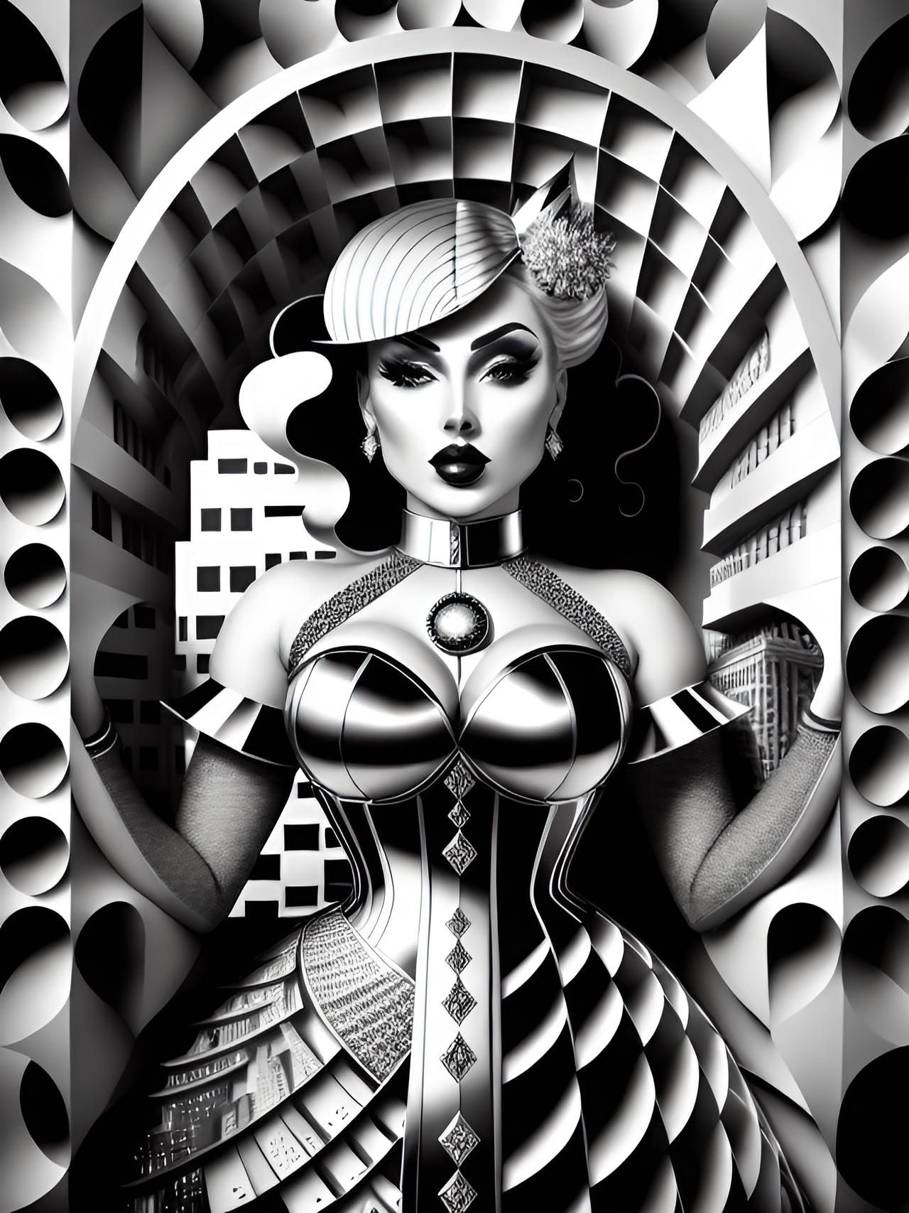A woman stylized black and white în cityscape