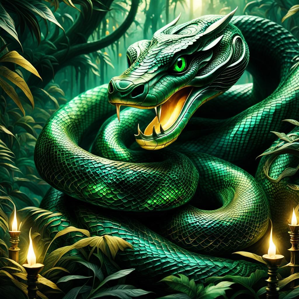 A dramatic and mystical scene featuring serpents in their fu...