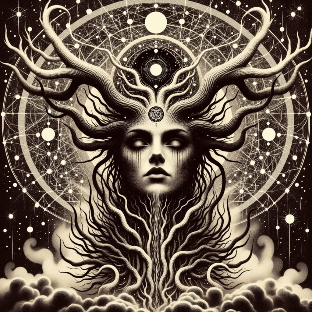 <lora:Black Metal:1.3>Cosmic occult Space art by Mœbius, Jack Kirby, Peter Chung, portrait of a Dark Cosmic Mushroom Girl Sorceress made of ...