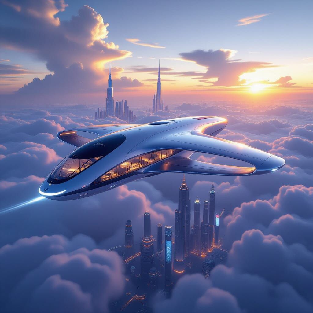 As an aviation and futuristic city expert, please generate a detailed visual description of an ultra-modern aircraft resembling a large dron...