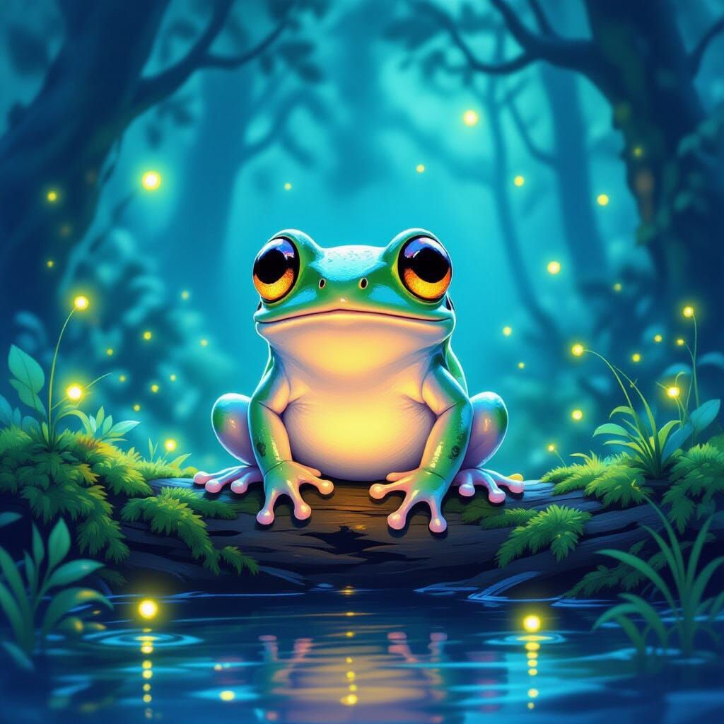 A neon colourful rainbow fairy is sitting on the frog and blowing bubble neon colourful gum and hearing neon colourful wireless headphone.  - Start Image 2