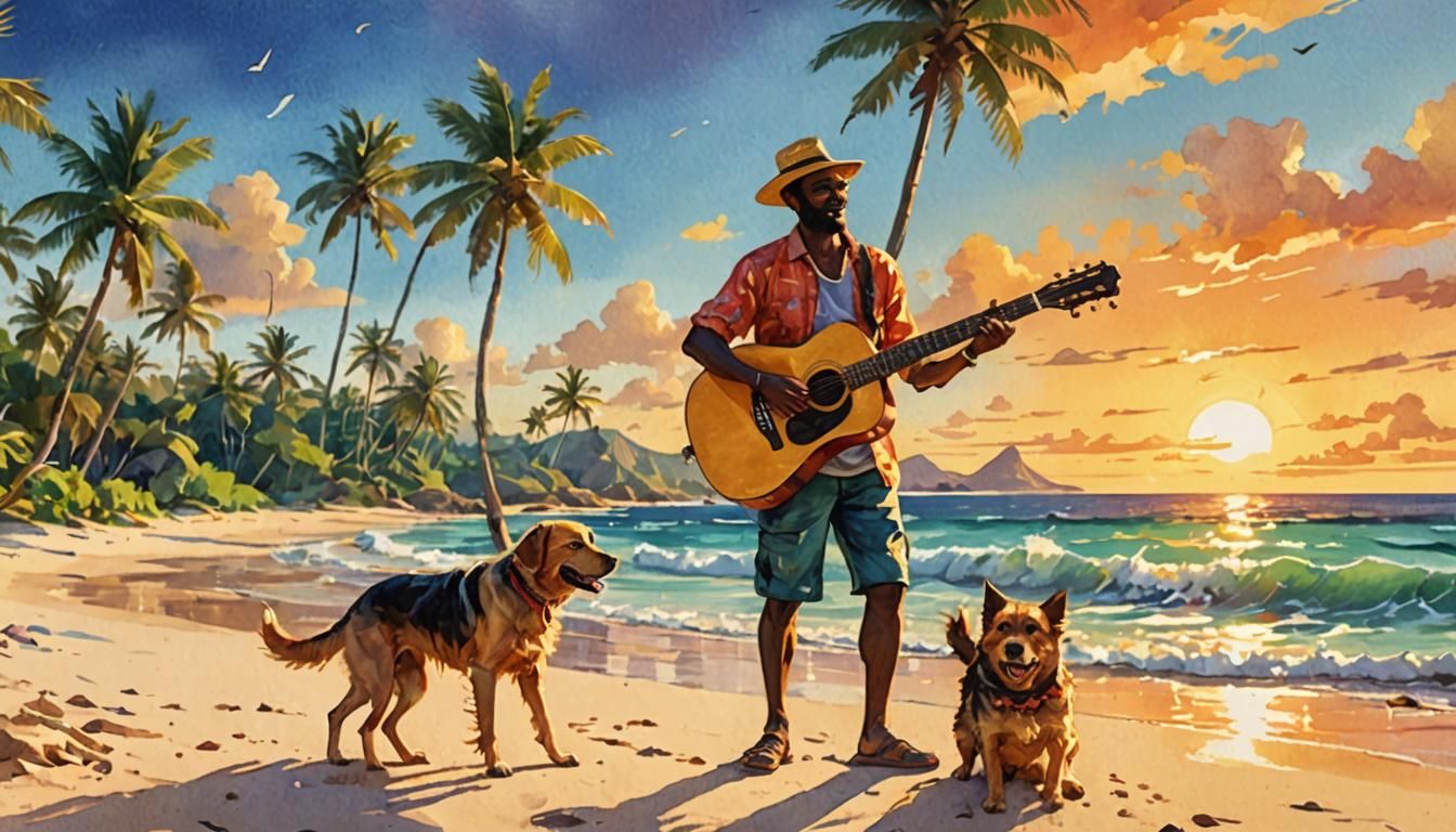 Caribbean man playing guitar with his dog on the beach