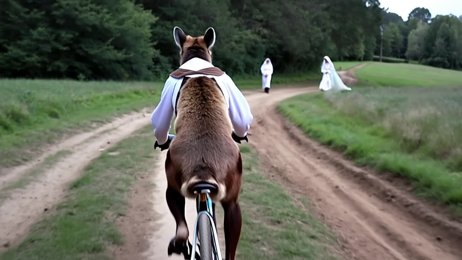 A kangaroo on a bike chasing a nun