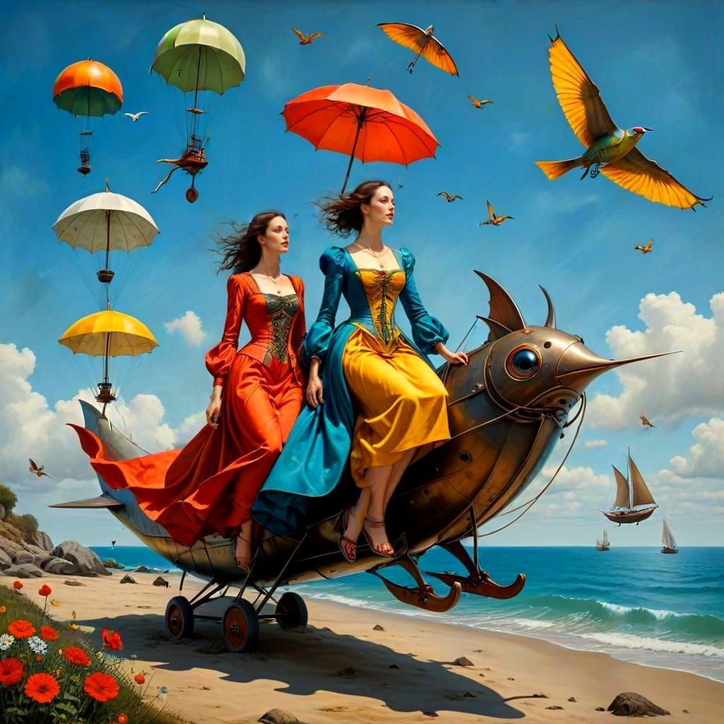 Dynamic Medieval Ladies in Surreal Scene