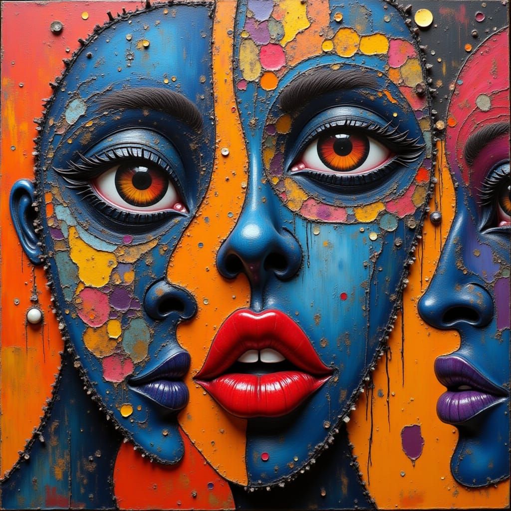 <lora:kak-strangecollage:1.0>Mixed media textures, eyes, faces, colors