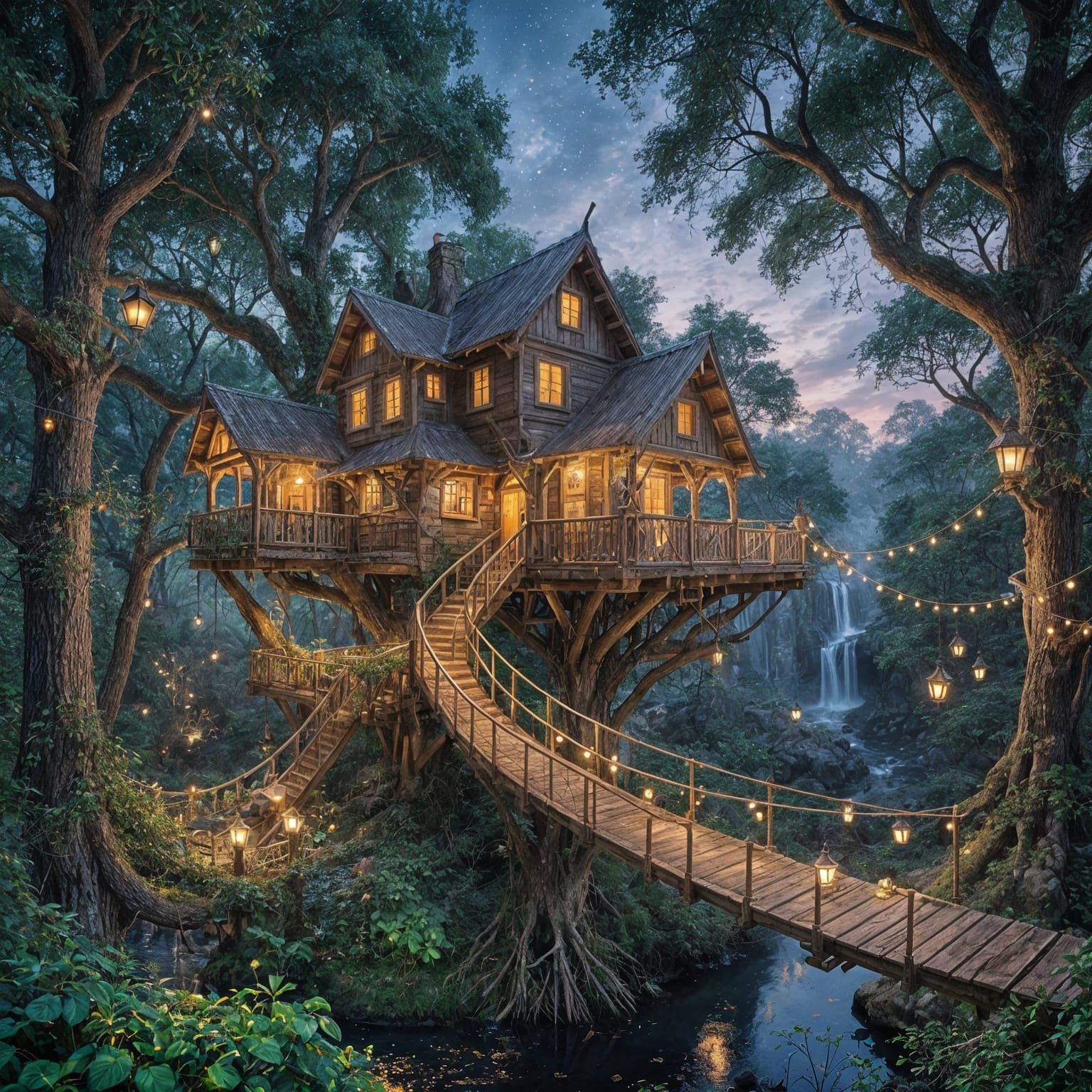 A magical treehouse village hidden deep in an ancient enchanted forest  by @Dreamer in Hell