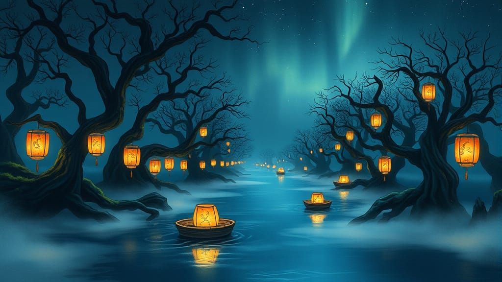 A grand procession of paper lanterns, each depicting a different constellation, floats serenely down a wide, mist-laden river at midnight. T...