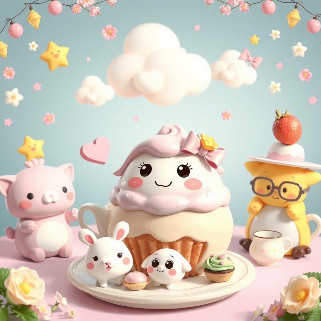 A whimsical pastel tea party scene featuring a happy little cupcake with a blushing face and sparkles ...  by @Abri 