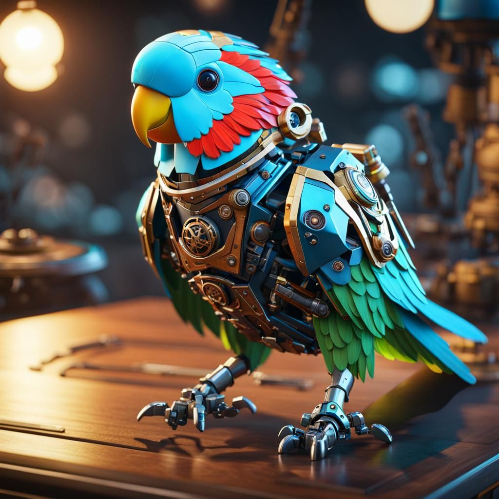 Colorful (Cyborg robot parakeet pirate 1:3), standing on tab...