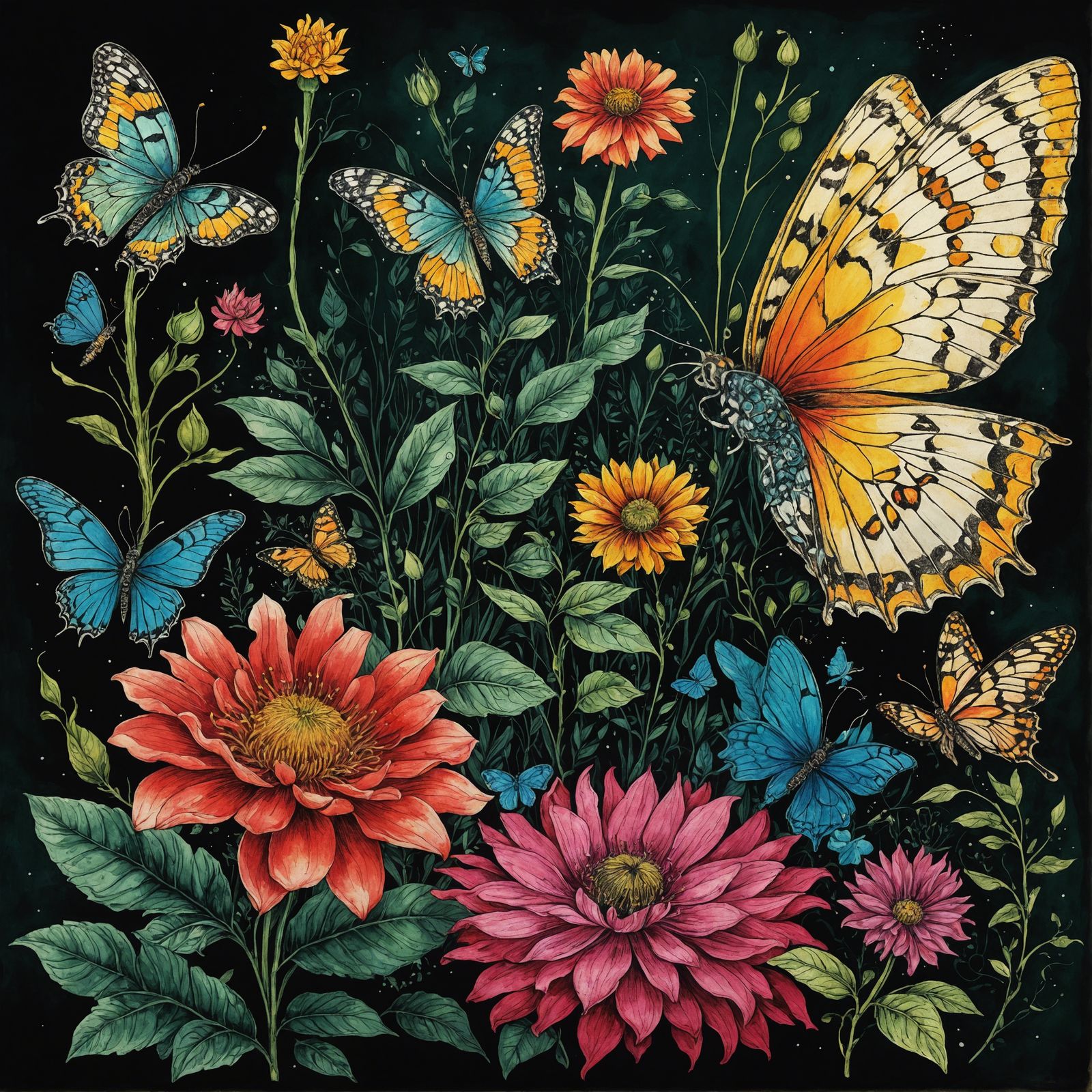 Vibrant Precision color ink drawn giant botanical flowers in a small garden with butterflies playing with the flowers, o...