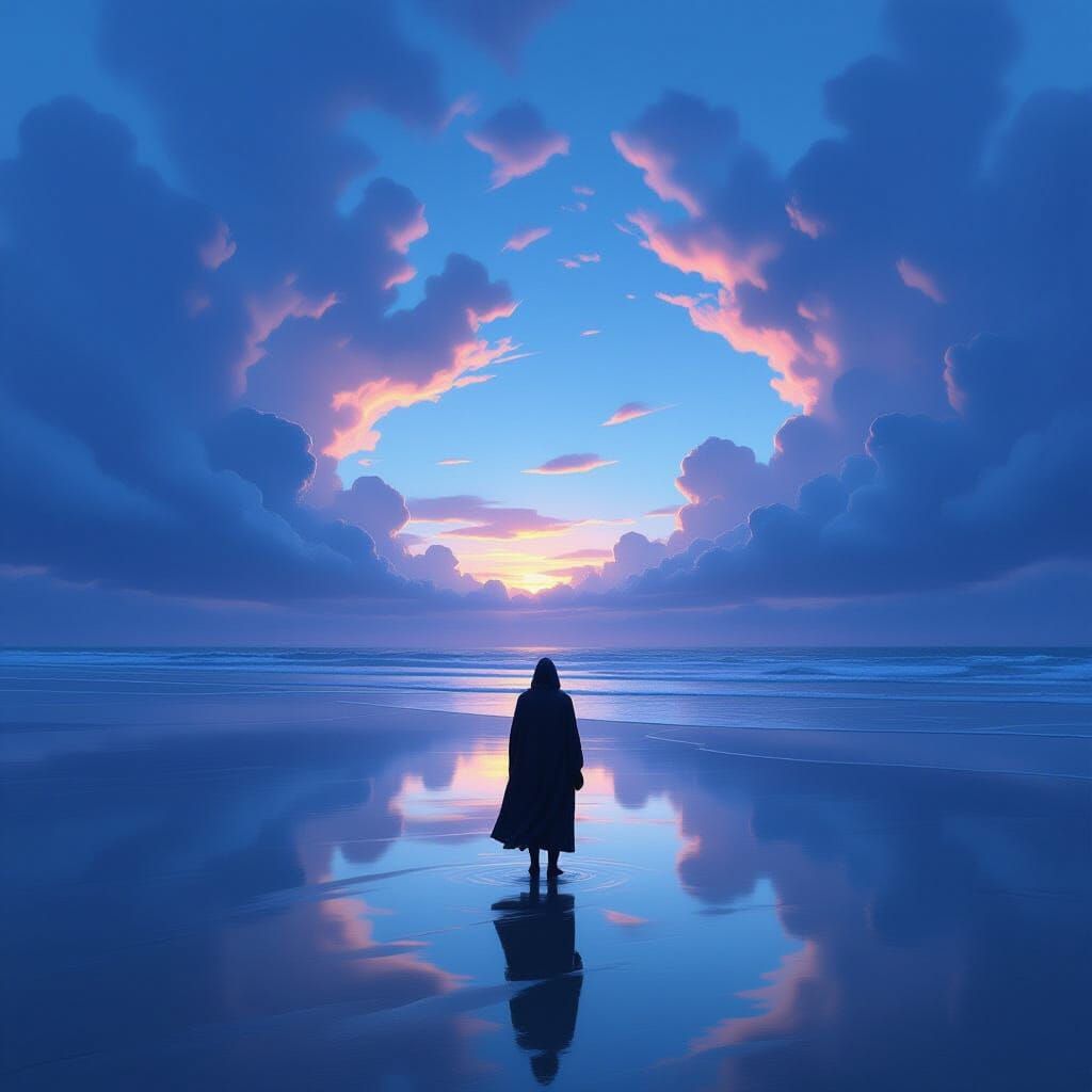A solitary figure stands on a windswept beach, gazing out at a sky filled with swirling, iridescent clouds, with the ocean stretching out be...