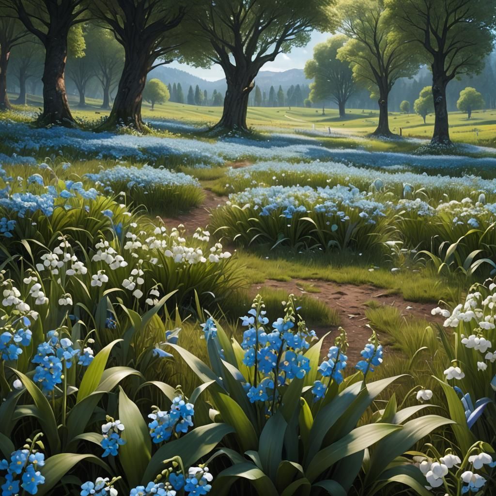 a forget-me-not flower in the foreground and a lily-of-the-v...