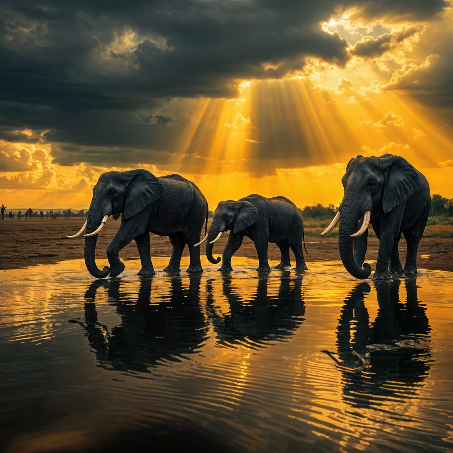  Elephants walking across a shallow water puddle.  Peaceful, serene, realistic style. ...  by @Carolena-Creations