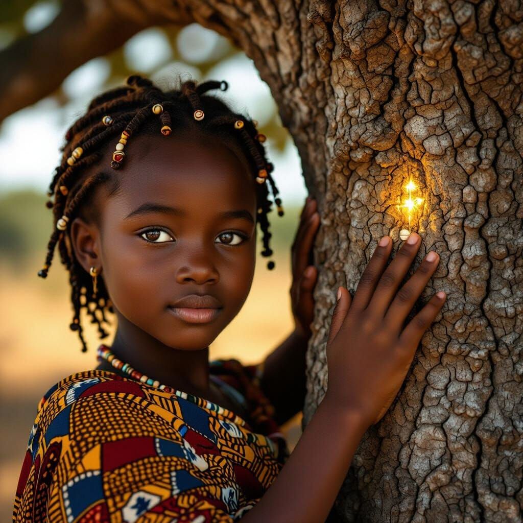 Close up of an 11-year-old African girl, deep brown skin, slim build, bright curious eyes, small round face, naturally braided hair decorate...