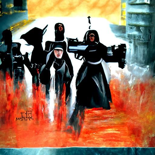 Battle nuns dystopian movie poster acrylic art