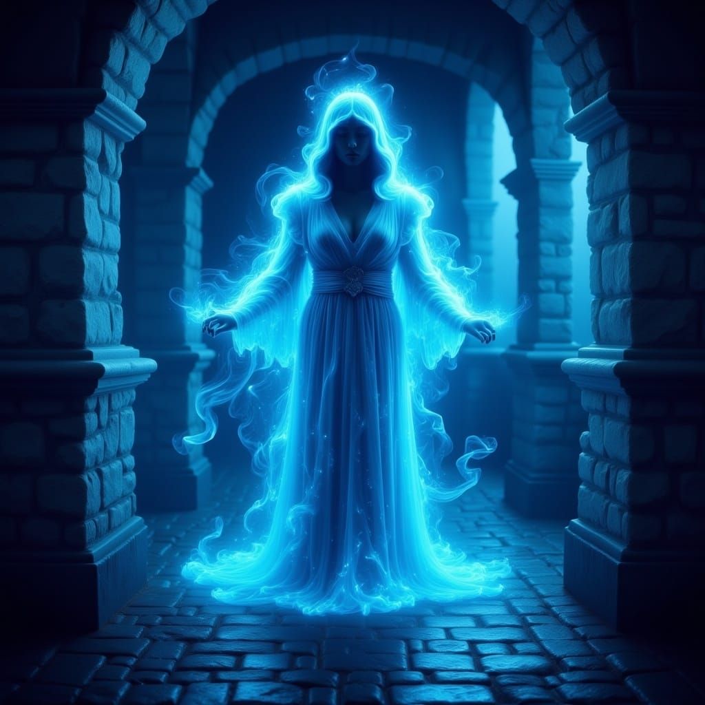 <lora:Ghost Flux:1.0> A stunning eerie ghost made of blue glowing energy, floating in the middle of a room , 32k, ultradetailed, intrincate...