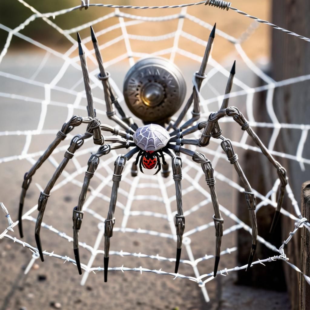 Robotic spider in a web made of barbed wire  by @Autum Who