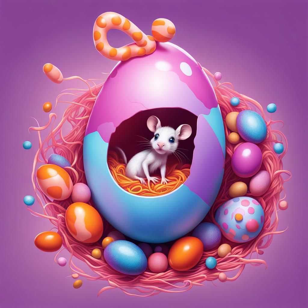 A pink and blue mouse hatching out of a egg in a purple nood...