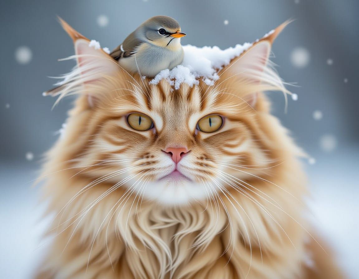 A large light reddish-cream cat with a small bird perched on its head. The cat's fur is covered with snow. His eyes are narrowed, and he's s...