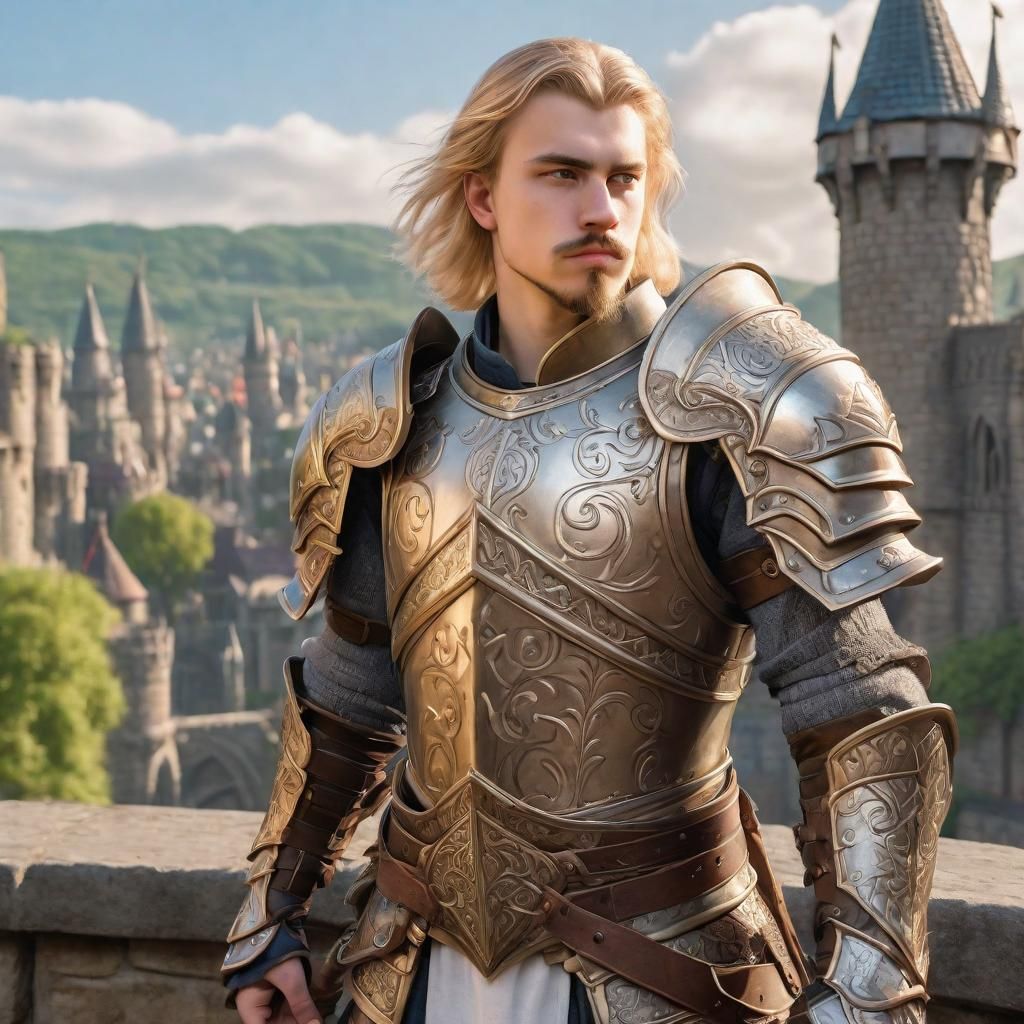 a 19 years old human man, warrior, blond hair, mid-lenght ha...