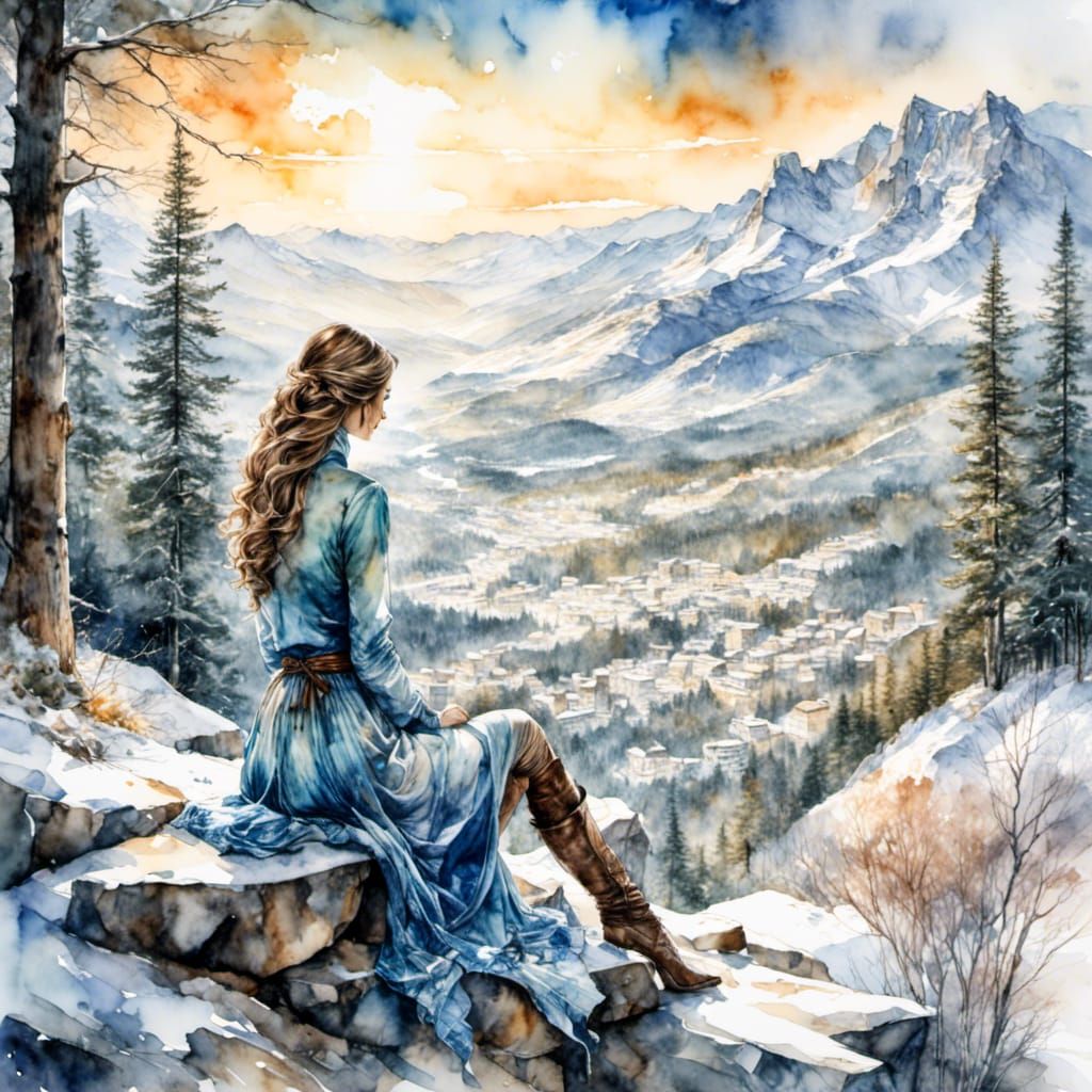 Sitting woman at the snow