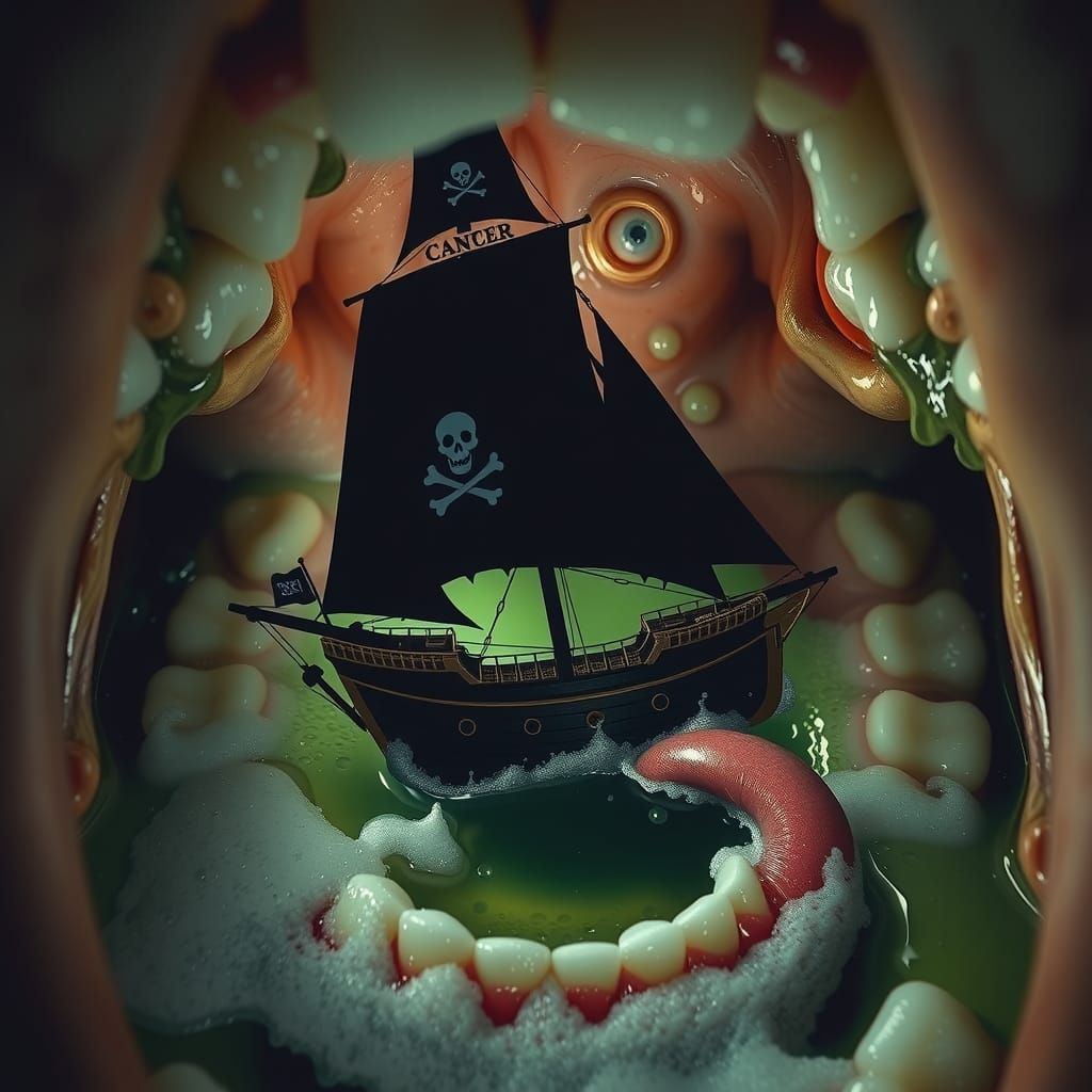 Ghostly Sailing ship with black sails with Jolly Roger and “...