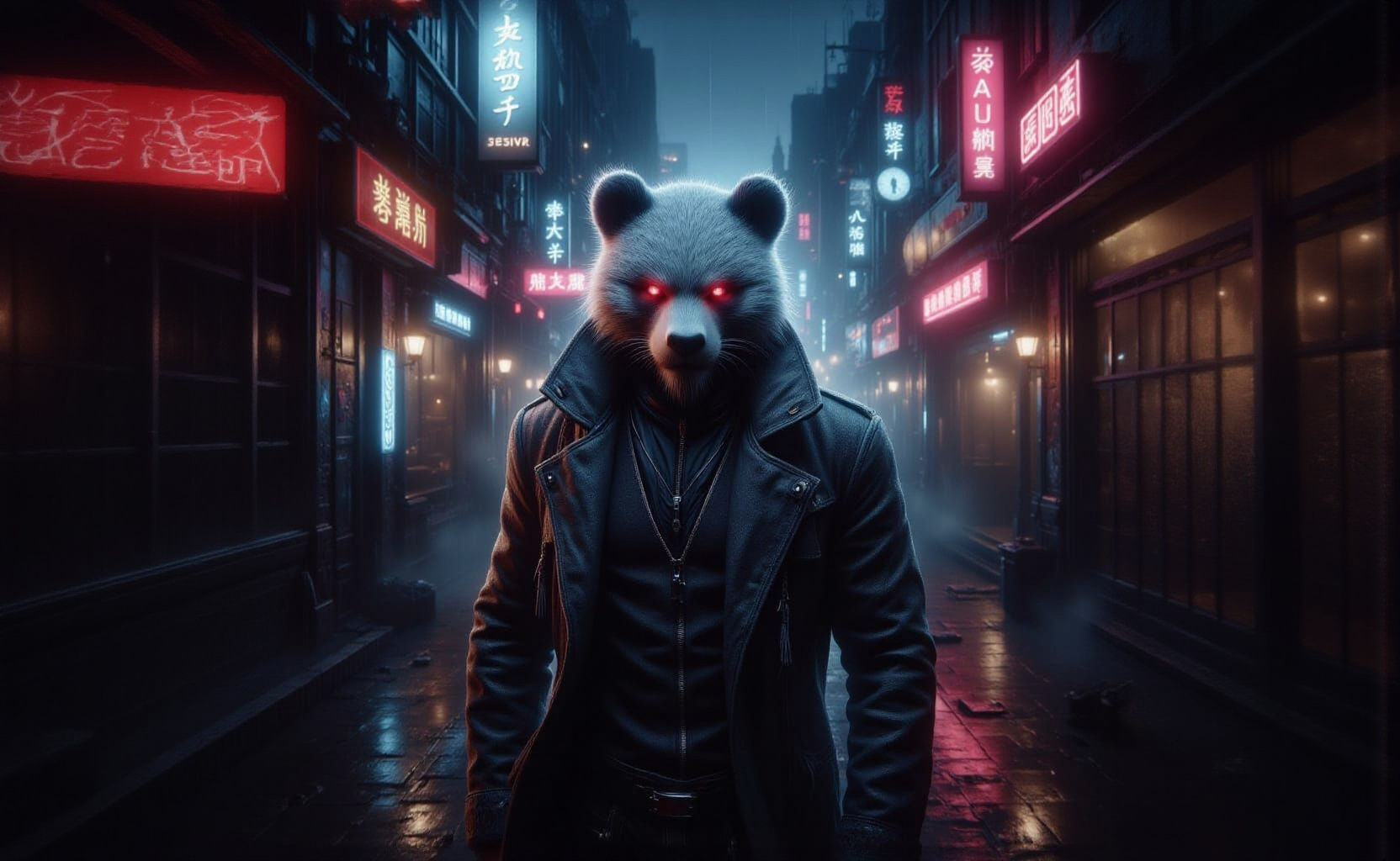 <lora:-Omnious-:1.0> Fierce bearded panda with red eyes in a suit and overcoat in a dark cyberpunk alley cyberpunk 2077