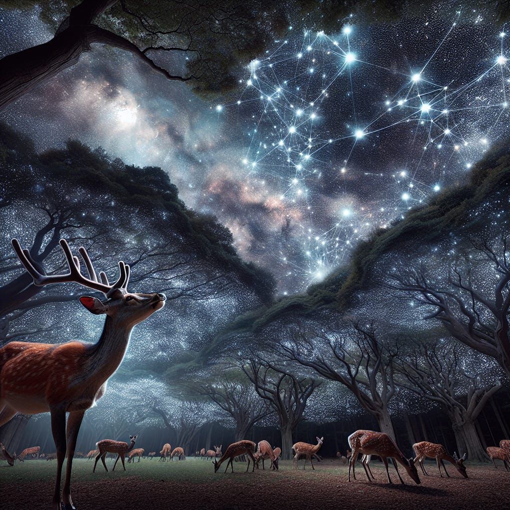 A deer looking up at the night sky at the interconnected stats forming a serene wooded glade where other ...  by @Cat