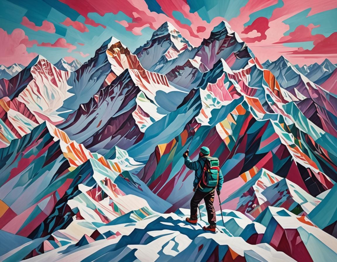 Everest cubist painting, Neo-Cubism, layered overlapping geo...