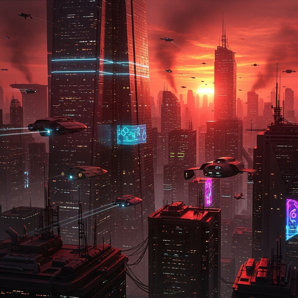 Dystopian Metropolis at Sunset: Cyberpunk Concept Art