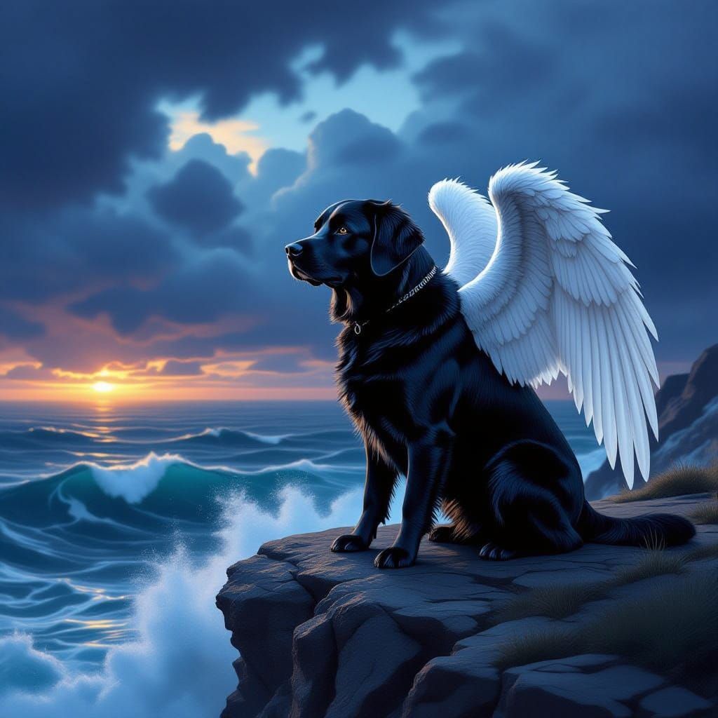 black labrador with flapping angel wings standing on a high cliff. Waves crashing high against the cliff. Stairway to he...