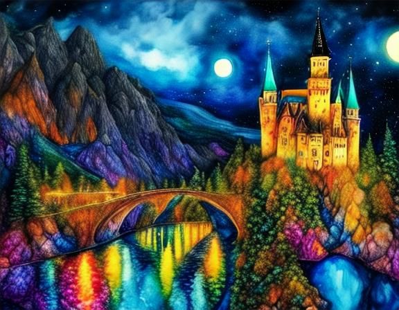 Murnau train and castle:: magical forest at midnight under a clear cosmic starry sky :: reflective water :: alcohol ink watercolor <lora:Ink...