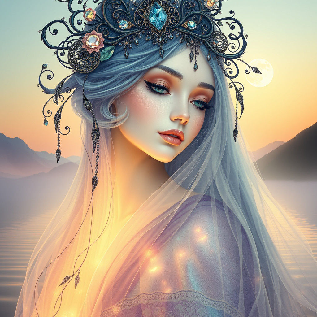 Mystical Being with Gemstone Headpiece, Art Nouveau Style