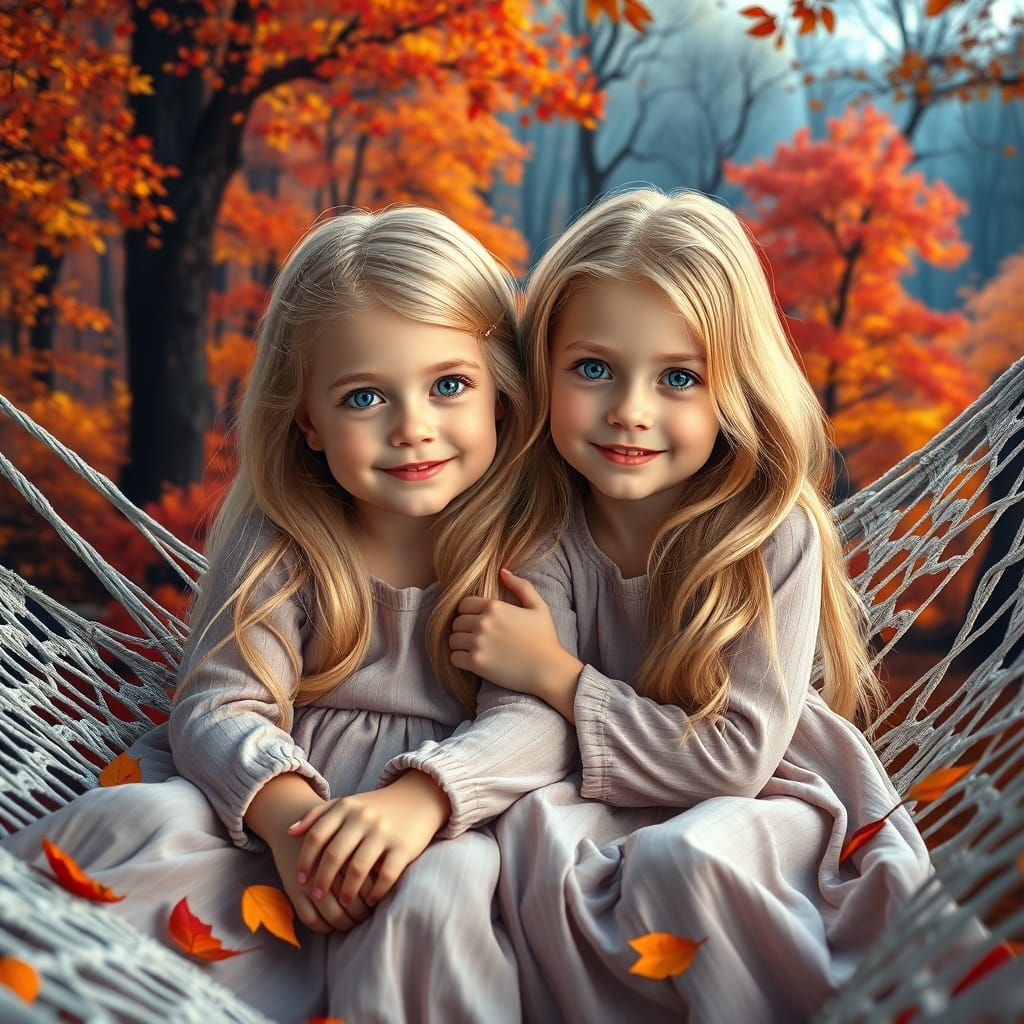 Twin Sisters Embracing in Vibrant Autumn Forest