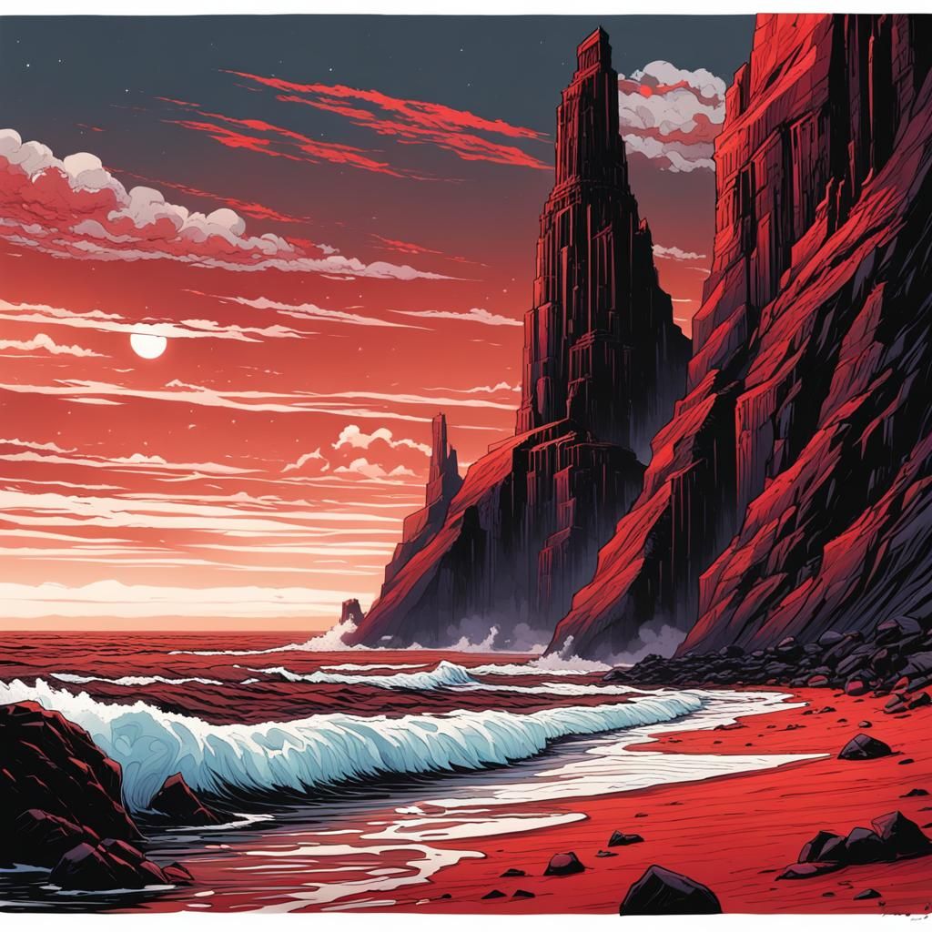 Red sand and crimson waves - AI Generated Artwork - NightCafe Creator