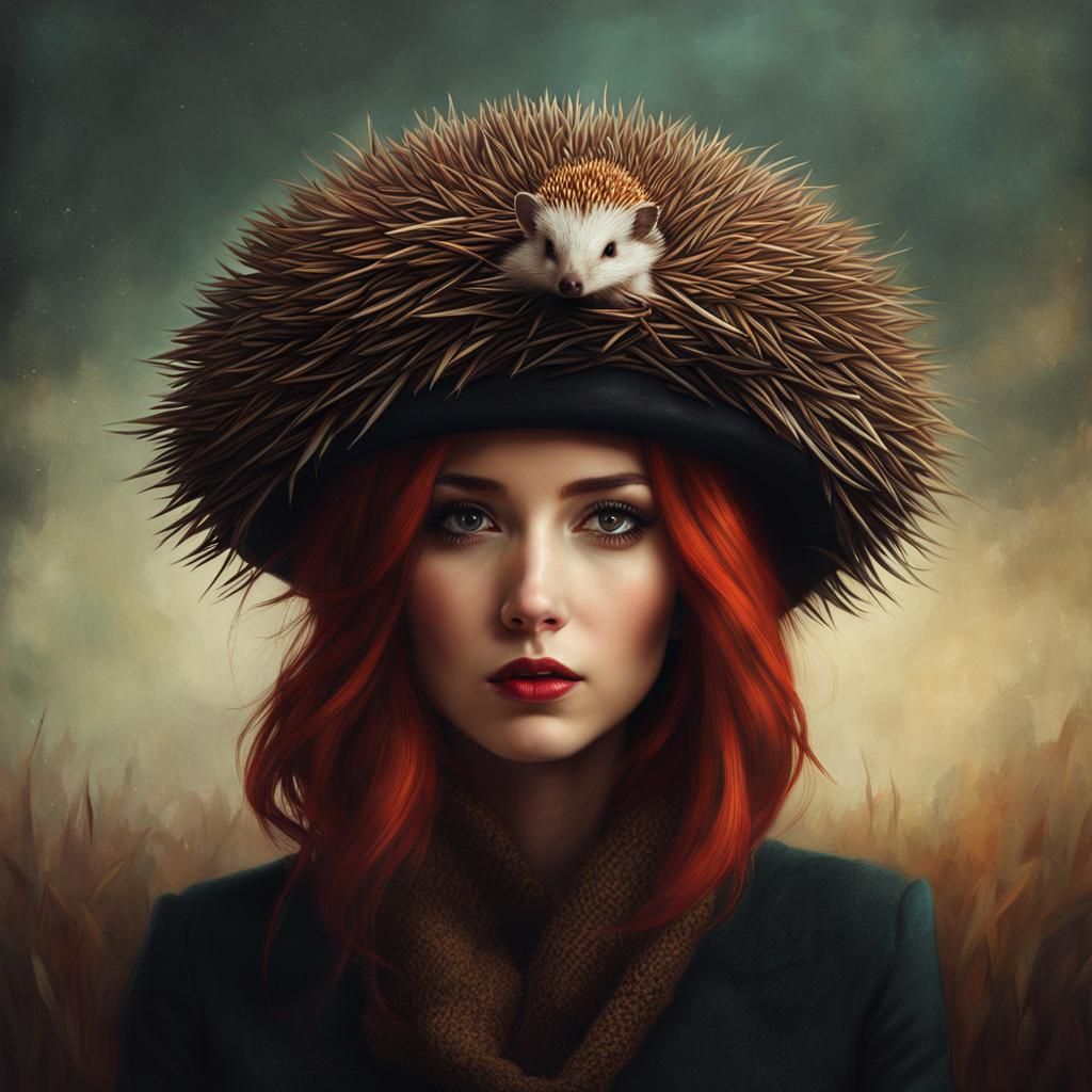 A woman with a hedgehog hat.  by @Terra