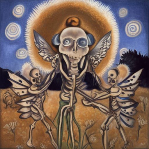 Winged Skull  skeleton Fairy  family  in a Million Dandelion...