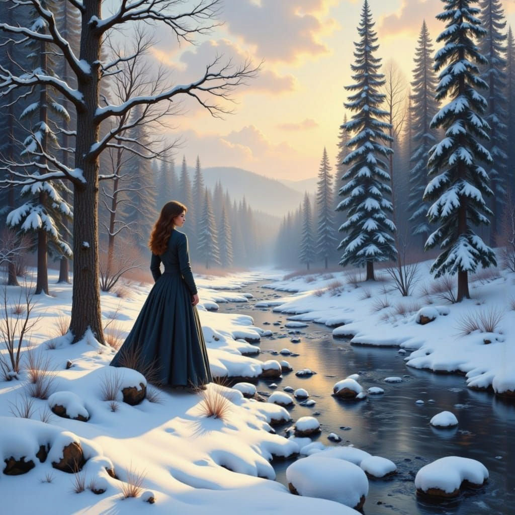 Ethereal Oil Painting of Woman in Snowy Forest