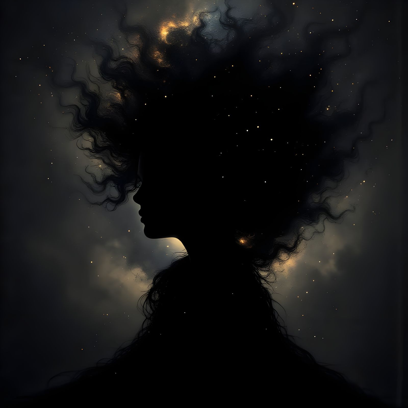 <lora:StarryEyes:1.0> black feminine silhouette, dark sky