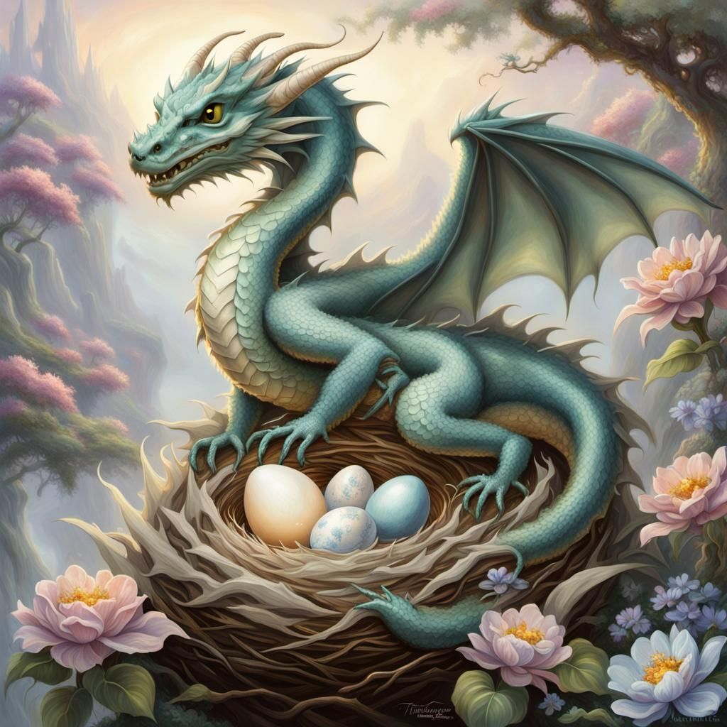 Cartoon Mother and Baby Dragon in Nest