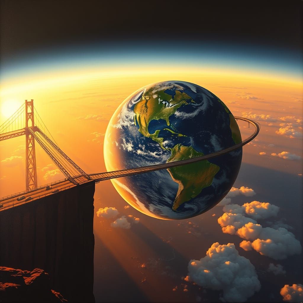 Surreal World Bridge Oil Painting at Sunset