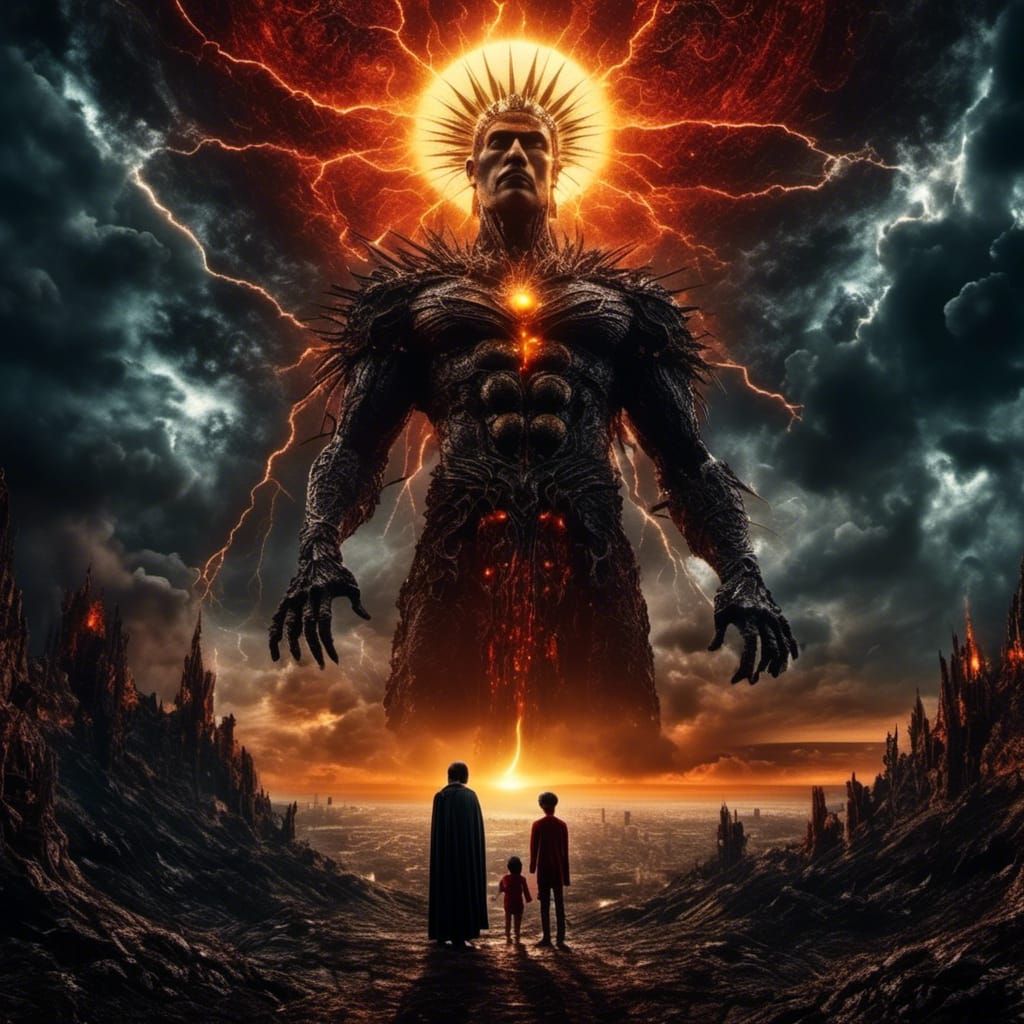 Surrealism; immense tall Dark god with detailed face standing before the sun confronting a boy. Sizzling lightning : <lora:Detailed realism:...