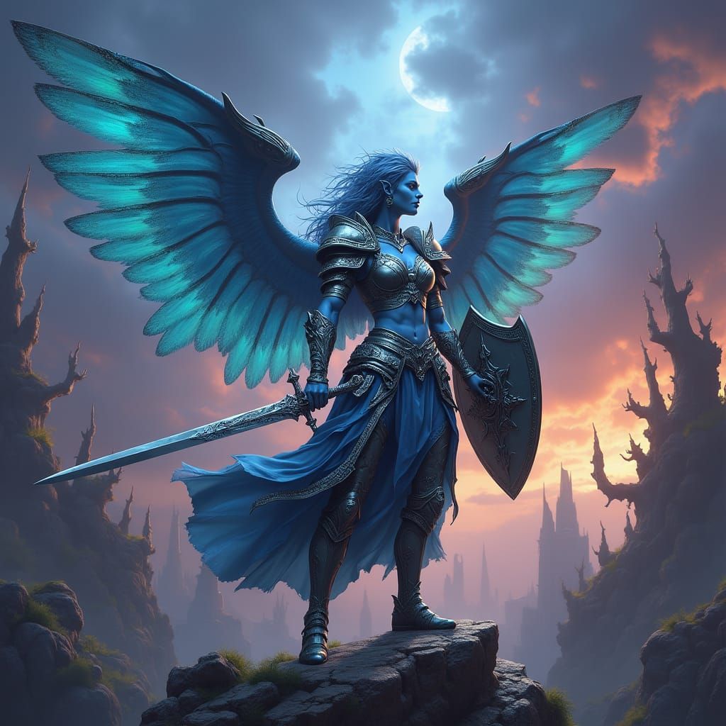 Blue skin female warrior with wings and a sword and sheild