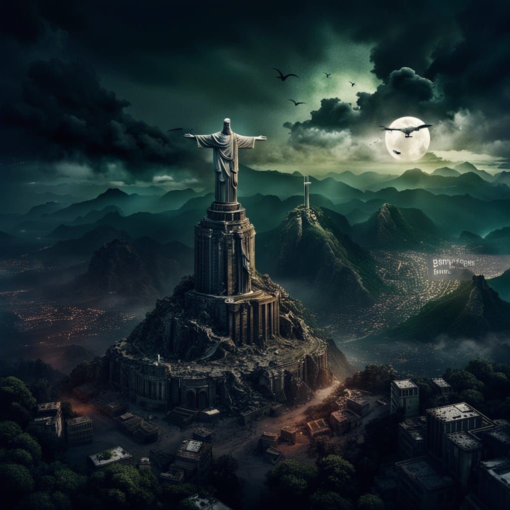 Birds Eye view of a post-apocalyptic landscape with crumbling Christ the Redeemer statue. dark sky. dark ...  by @Valmond Teng