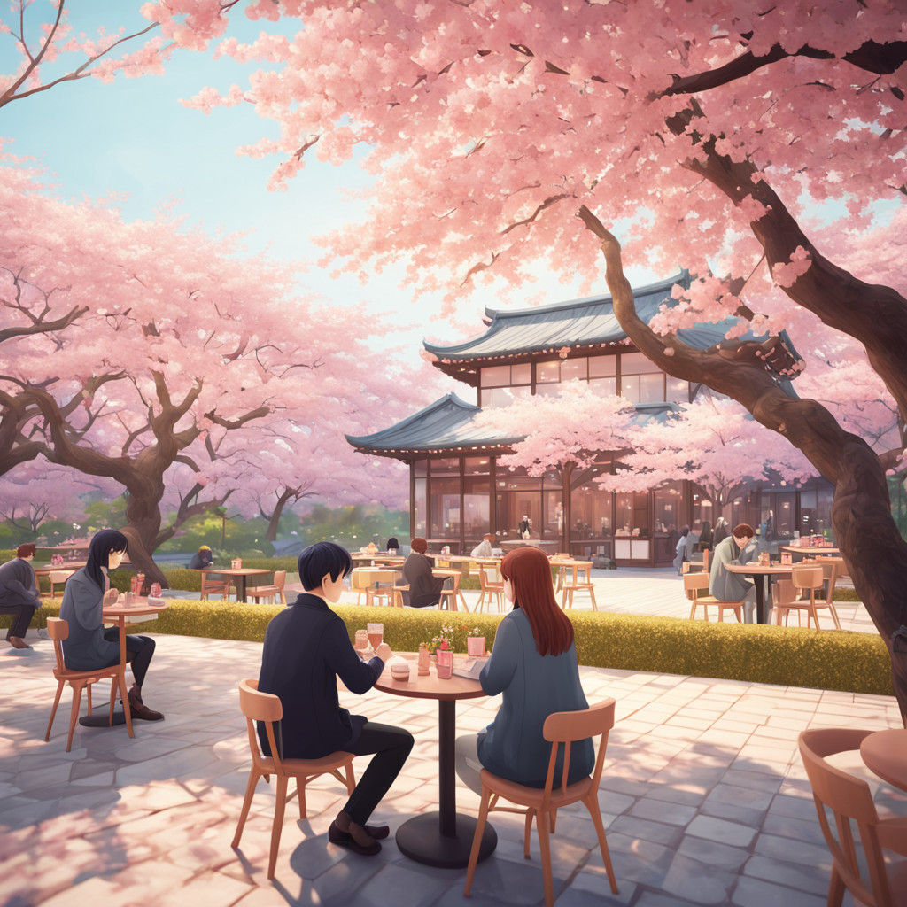 Elegant Sakura Blossoms Cafe Scene in Vibrant Digital Art