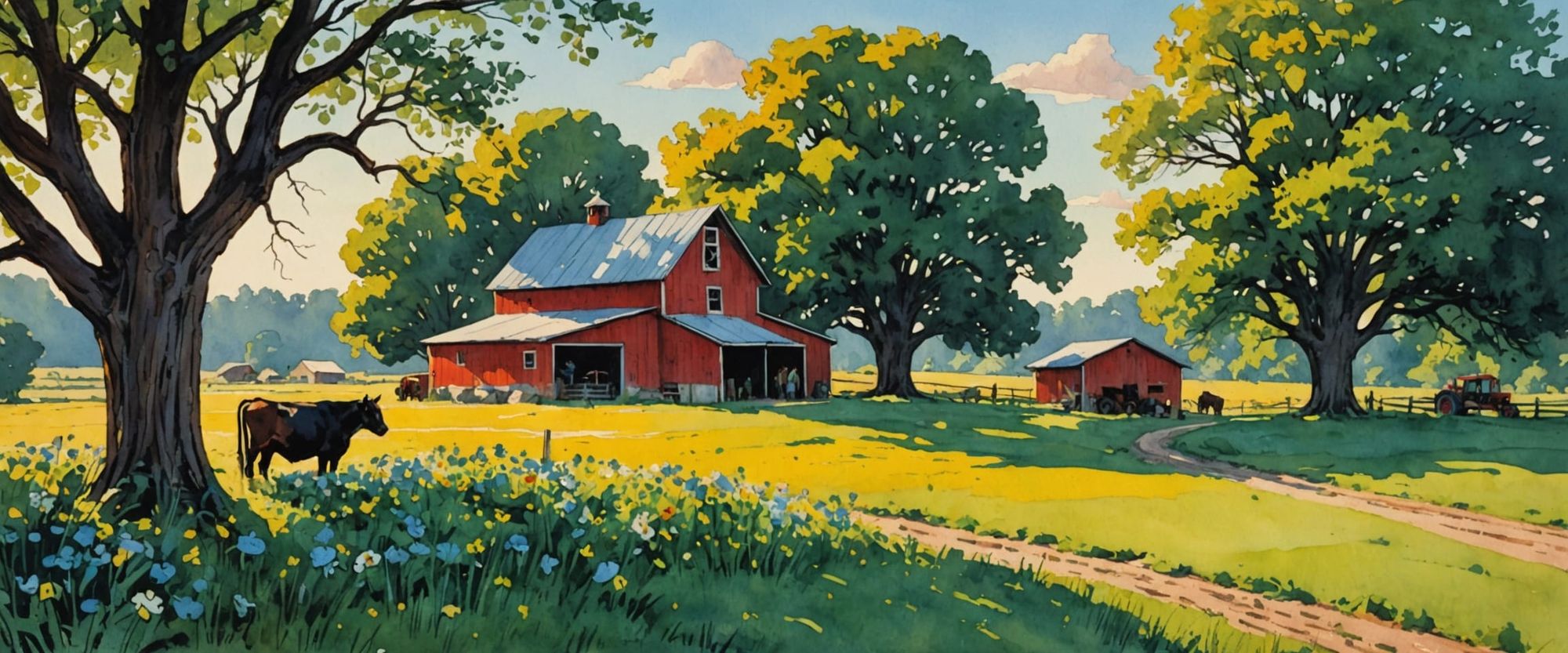 farmers house, red barn, flowers, trees in the background, cows, horses, tractor, ropeswing from a tree, wet dirt roads, watercolor, gouache...