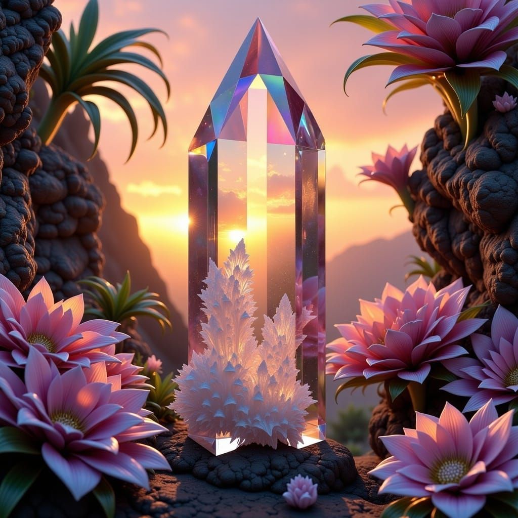 Hyperrealistic Scenery in a Hyperdetailed Maximalist Magical Fantasy Clear Natural Quartz Crystal at Sunset, Volumetric Lighting <lora:Iride...