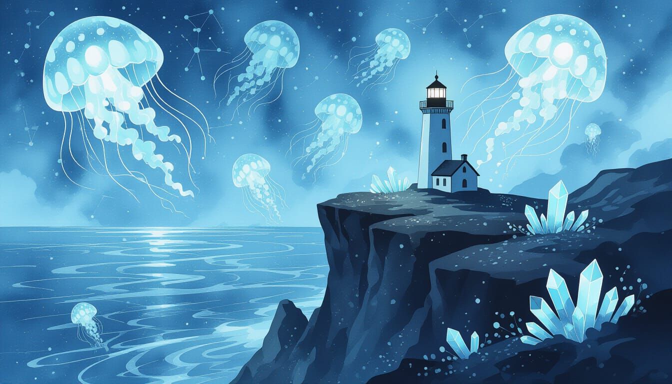 A solitary lighthouse perched on a jagged, obsidian cliff overlooking a swirling ocean of liquid moonlight. Strange, crystalline flora grows...